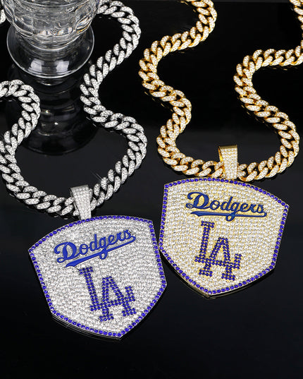 Los Angeles Dodgers Baseball Shield Pendant Necklace – Iced Out 24 Inches Cuban Chain