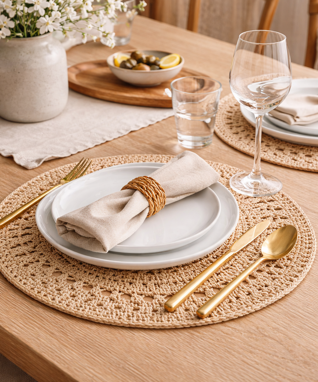 Handcrafted Natural Jute Placemat | 15” Round Scalloped Woven Placemat