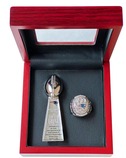 New England Patriots Super Bowl Championship Ring & Trophy Set– 2002, 2004, 2005, 2015, 2017 & 2019