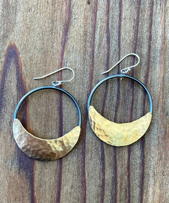 Crescent Moon Hoop Earrings in Oxidized Silver and Brass | Moon Phase Earrings