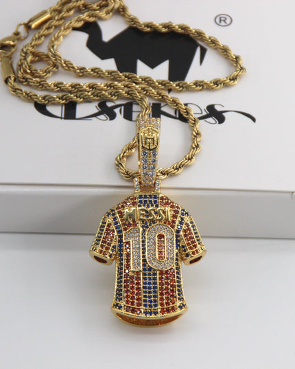 Luxury Football MESSI #10 Jersey Pendant Necklace with Zircon Stones – Perfect Gift for Sports Fans