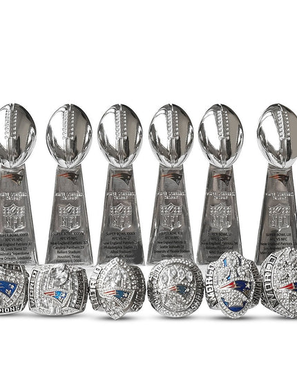 New England Patriots Super Bowl Championship Ring & Trophy Set– 2002, 2004, 2005, 2015, 2017 & 2019