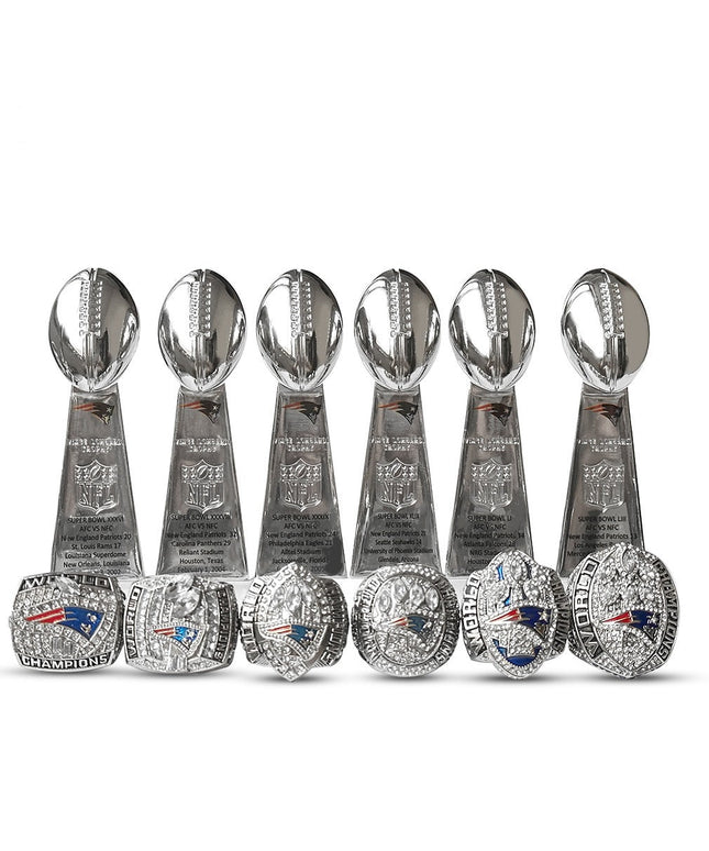 New England Patriots Super Bowl Championship Ring & Trophy Set– 2002, 2004, 2005, 2015, 2017 & 2019