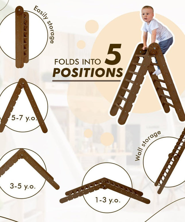 3in1 Montessori Climbing Set: Triangle Ladder + Slide Board + Net – Chocolate