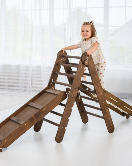 3in1 Montessori Climbing Set: Triangle Ladder + Slide Board + Net – Chocolate