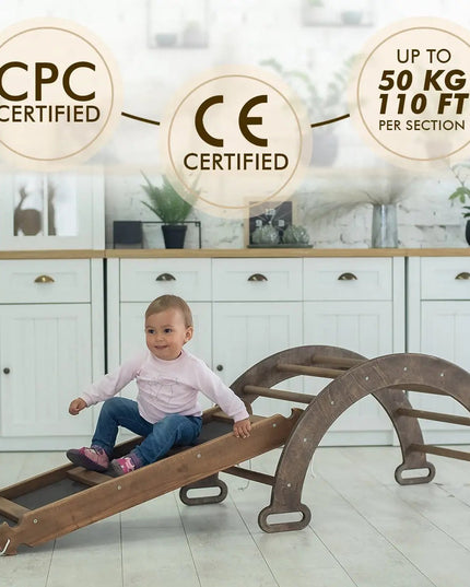 3in1 Montessori Climbing Set: Climbing Arch + Slide Board + Cushion – Chocolate