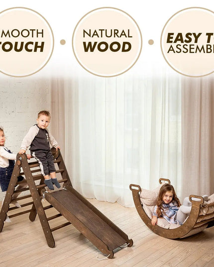 3in1 Montessori Climbing Set: Climbing Arch + Slide Board + Cushion – Chocolate
