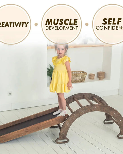 3in1 Montessori Climbing Set: Climbing Arch + Slide Board + Cushion – Chocolate