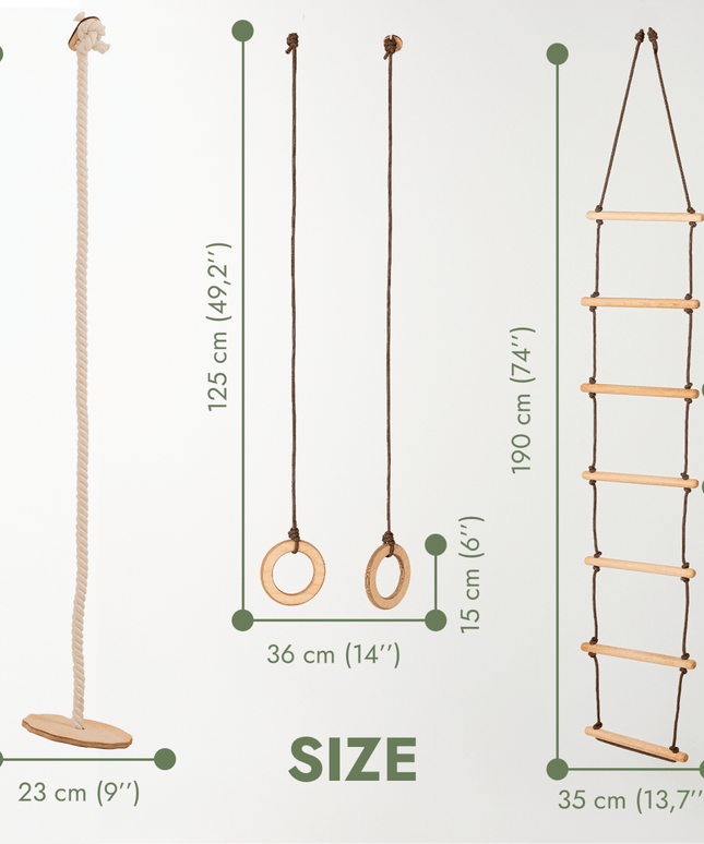 3in1 Swing & Climbing Set: Rope Ladder, Gym Rings & Disc Swing
