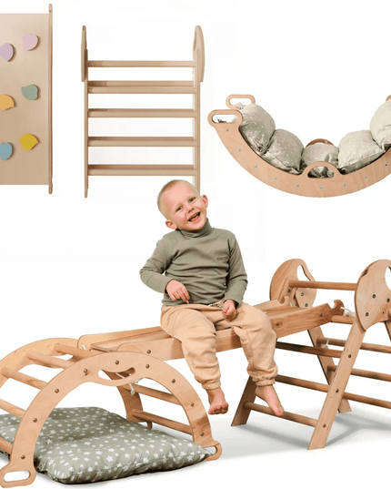 4in1 Montessori Climbing Set: Pikler Triangle, Arch, Slide Board, and Cushion for Toddlers (1–3 Years)