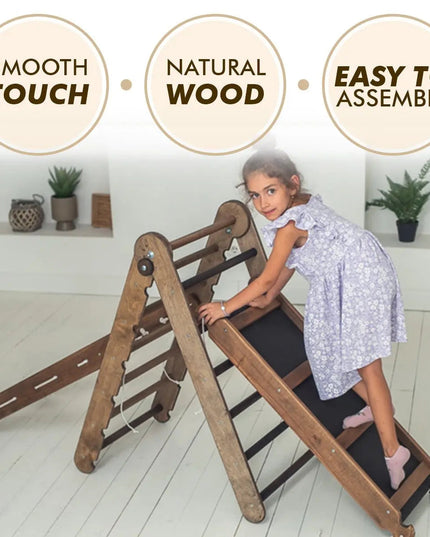 The 4in1 Montessori Climbing Set consists of: Triangle Ladder + Arch/Rocker + Slide Board/Ramp + Net – Chocolate