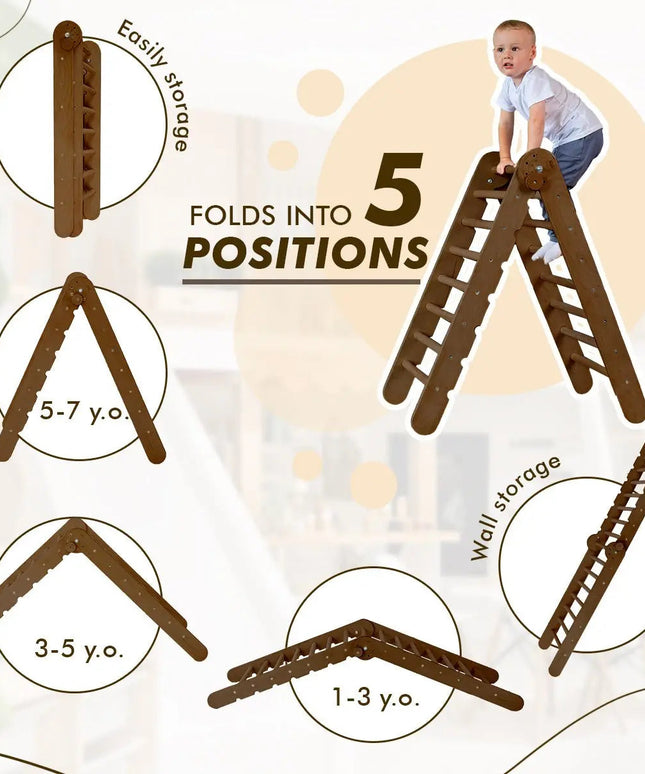 The 4in1 Montessori Climbing Set consists of: Triangle Ladder + Arch/Rocker + Slide Board/Ramp + Net – Chocolate