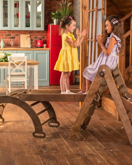 The 4in1 Montessori Climbing Set consists of: Triangle Ladder + Arch/Rocker + Slide Board/Ramp + Net – Chocolate