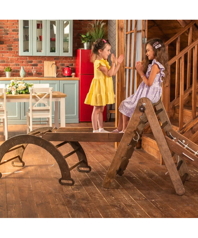 The 4in1 Montessori Climbing Set consists of: Triangle Ladder + Arch/Rocker + Slide Board/Ramp + Net – Chocolate