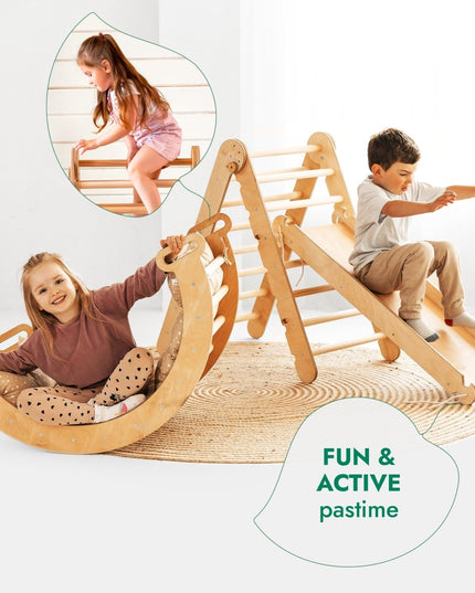 4in1 Montessori Climbing Set: Triangle Ladder + Climbing Arch + Slide Board & Cushion – Beige