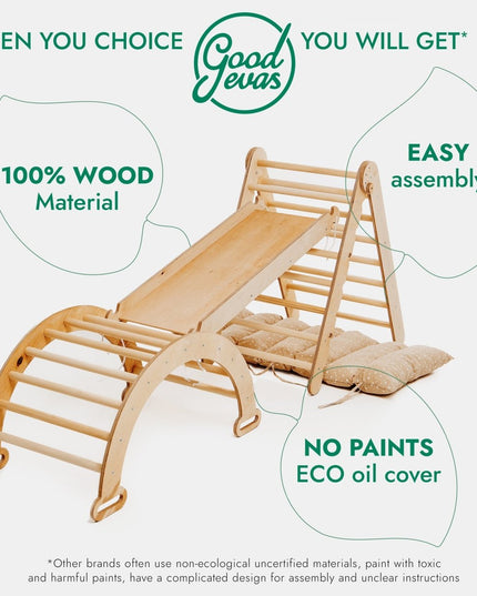 4in1 Montessori Climbing Set: Triangle Ladder + Climbing Arch + Slide Board & Cushion – Beige