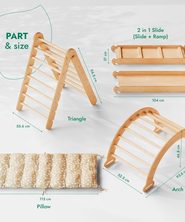 4in1 Montessori Climbing Set: Triangle Ladder + Climbing Arch + Slide Board & Cushion – Beige