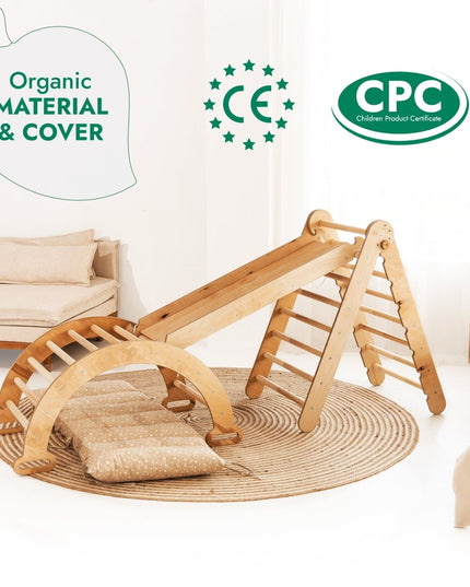 4in1 Montessori Climbing Set: Triangle Ladder + Climbing Arch + Slide Board & Cushion – Beige