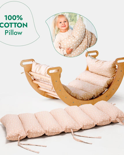 4in1 Montessori Climbing Set: Triangle Ladder + Climbing Arch + Slide Board & Cushion – Beige