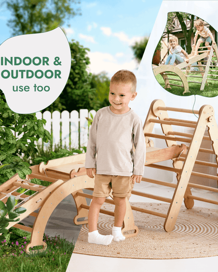 4in1 Montessori Climbing Set: Triangle Ladder + Climbing Arch + Slide Board + Net – Beige