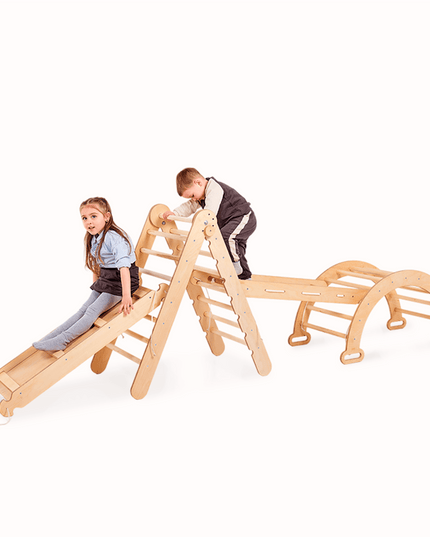 4in1 Montessori Climbing Set: Triangle Ladder + Climbing Arch + Slide Board + Net – Beige