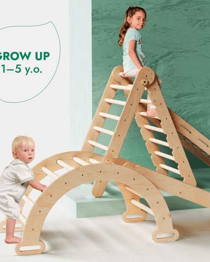 4in1 Montessori Climbing Set: Triangle Ladder + Climbing Arch + Slide Board + Net – Beige