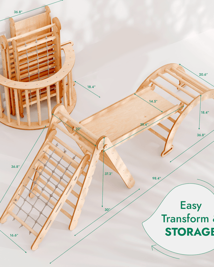 4in1 Montessori Climbing Set: Triangle Ladder + Climbing Arch + Slide Board + Net – Beige