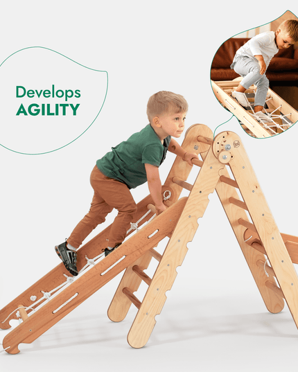 4in1 Montessori Climbing Set: Triangle Ladder + Climbing Arch + Slide Board + Net – Beige