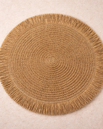 Straw & Fringe Round Placemat | 15” Handwoven Natural Fiber Table Decor