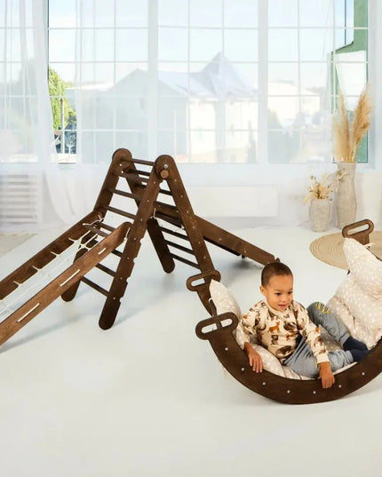 5in1 Montessori Climbing Set: Triangle Ladder + Arch/Rocker + Slide Board/Ramp + Netting rope + Cushion