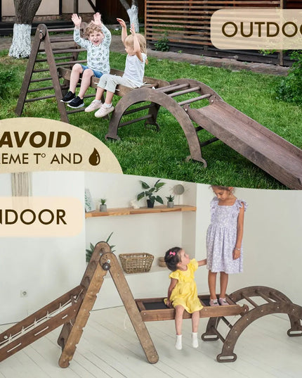 5in1 Montessori Climbing Set: Triangle Ladder, Climbing Arch, Slide, Net & Cushion – Chocolate