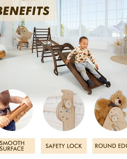 5in1 Montessori Climbing Set: Triangle Ladder, Climbing Arch, Slide, Net & Cushion – Chocolate