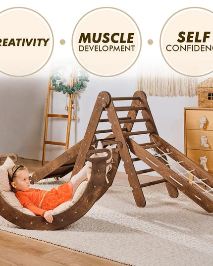 5in1 Montessori Climbing Set: Triangle Ladder, Climbing Arch, Slide, Net & Cushion – Chocolate
