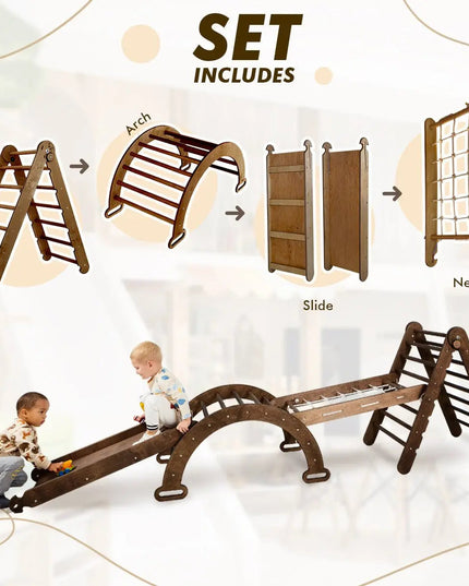 5in1 Montessori Climbing Set: Triangle Ladder, Climbing Arch, Slide, Net & Cushion – Chocolate