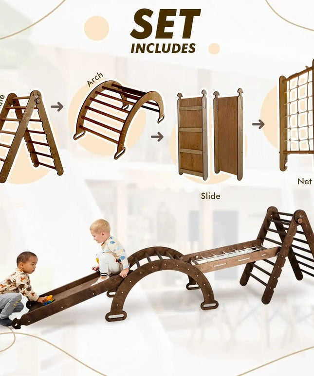 5in1 Montessori Climbing Set: Triangle Ladder, Climbing Arch, Slide, Net & Cushion – Chocolate