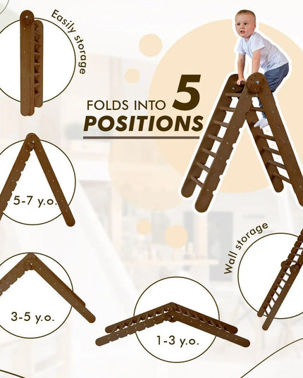 5in1 Montessori Climbing Set: Triangle Ladder, Climbing Arch, Slide, Net & Cushion – Chocolate