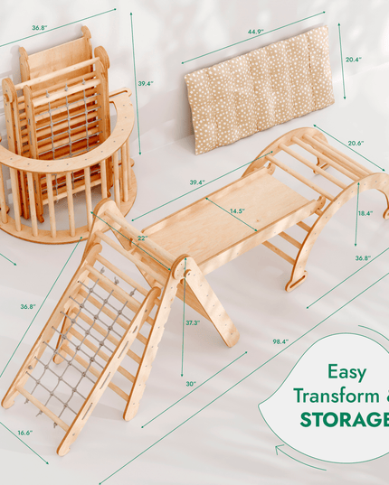5in1 Montessori Climbing Set: Triangle Ladder + Arch/Rocker + Slide Board/Ramp + Netting rope + Cushion