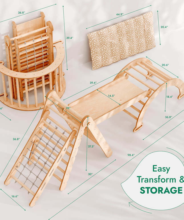 5in1 Montessori Climbing Set: Triangle Ladder + Arch/Rocker + Slide Board/Ramp + Netting rope + Cushion