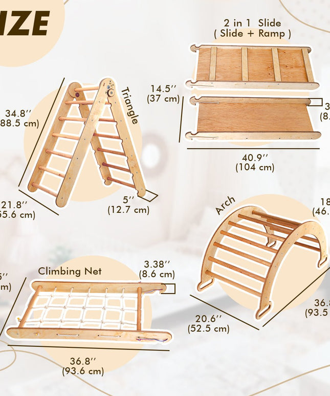 5in1 Montessori Climbing Set: Triangle Ladder + Climbing Arch + Slide Board + Climbing Net + Art Addition