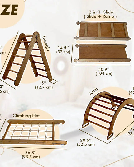The 4in1 Montessori Climbing Set consists of: Triangle Ladder + Arch/Rocker + Slide Board/Ramp + Net – Chocolate
