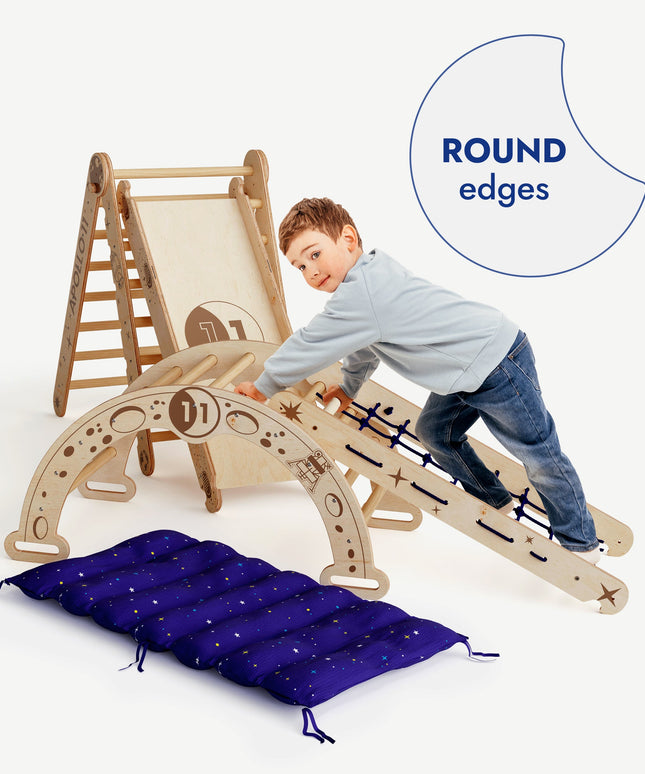 Apollo 5in1 Climbing Set:  Pikler Triangle, Net, Arch, Slide Board, and Cushion for Little Astronauts
