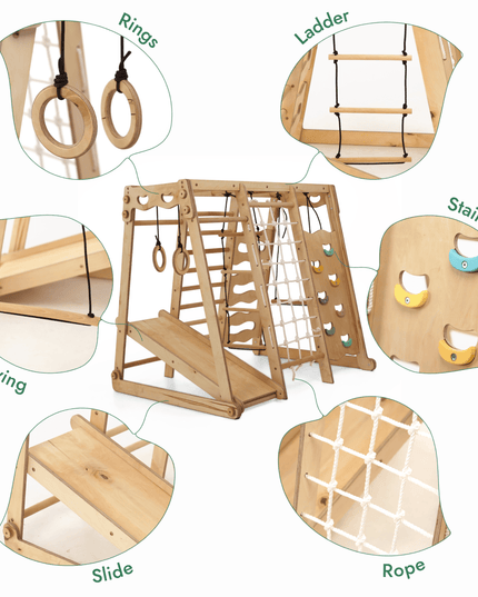 6in1 Indoor Jungle Gym for Toddler: Playground + Swings Set + Slide Board + Rope + Stairs