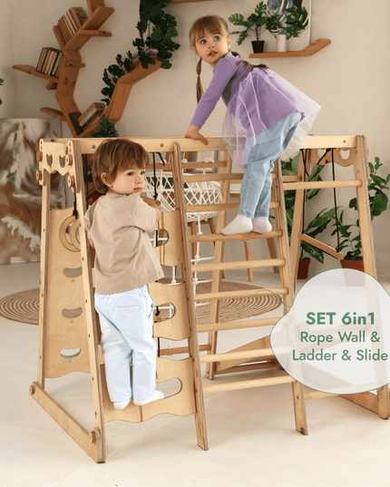6in1 Indoor Jungle Gym for Toddler: Playground + Swings Set + Slide Board + Rope + Stairs