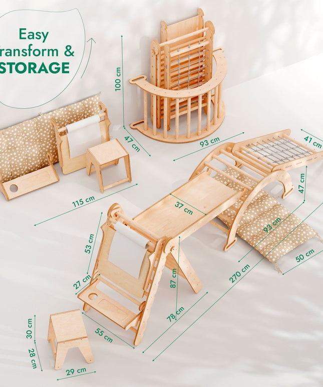 6in1 Montessori Climbing Set: Triangle Ladder + Arch/Rocker + Slide/Ramp + Net + Cushion + Art Addition