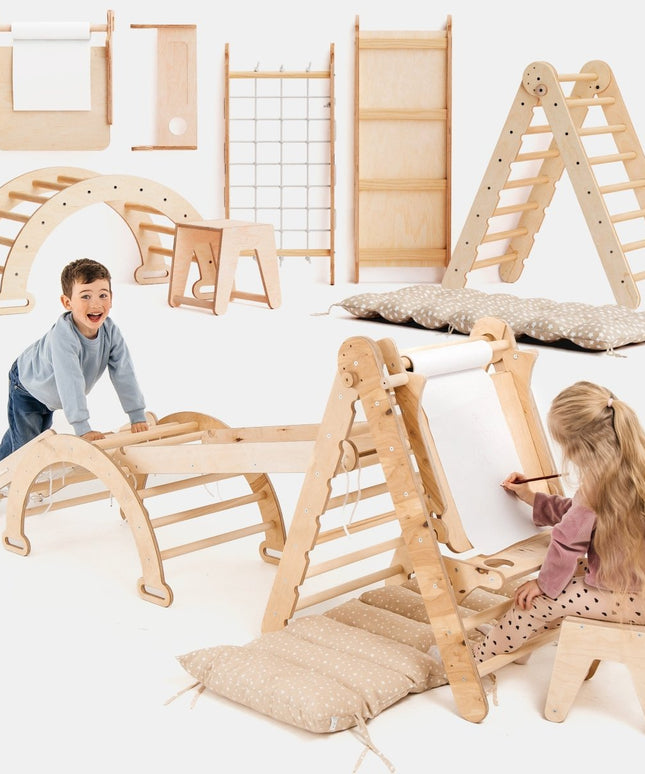 6in1 Montessori Climbing Set: Triangle Ladder + Arch/Rocker + Slide/Ramp + Net + Cushion + Art Addition
