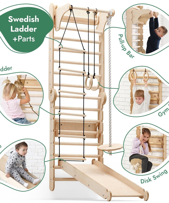 6in1 Wooden Swedish Wall / Climbing ladder for Children + Swing Set + Slide Board