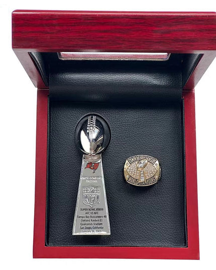 Tampa Bay Buccaneers Championship Ring & Trophy Set – 2003 & 2021 Collectible with Display Box