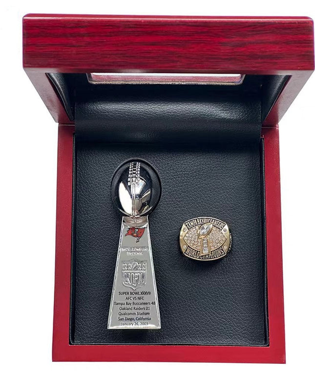 Tampa Bay Buccaneers Championship Ring & Trophy Set – 2003 & 2021 Collectible with Display Box