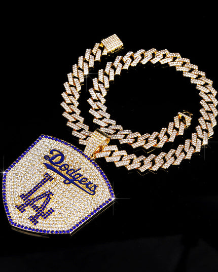 Los Angeles Dodgers Baseball Shield Pendant Necklace – Iced Out 24 Inches Cuban Chain
