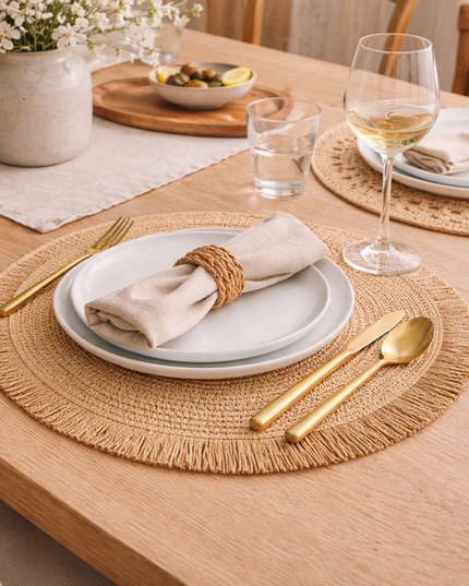 Straw & Fringe Round Placemat | 15” Handwoven Natural Fiber Table Decor